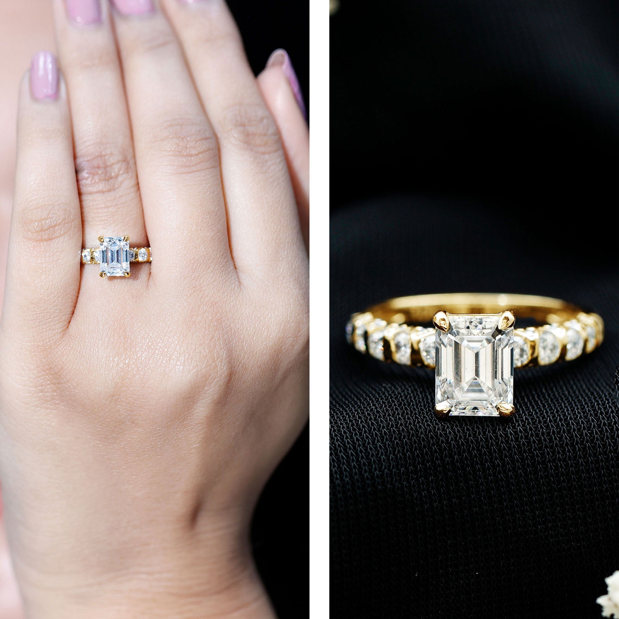 Octagon Moissanite Solitaire Engagement Ring with Side Stones