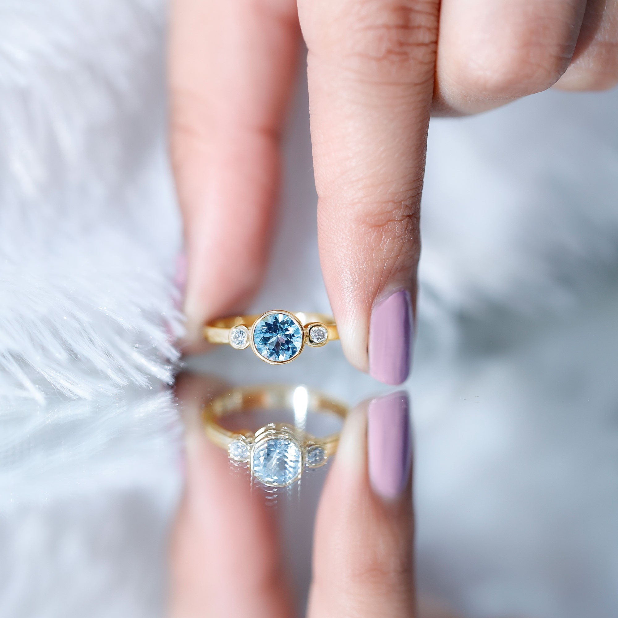 Bezel Set Aquamarine Solitaire Engagement Ring with Diamond